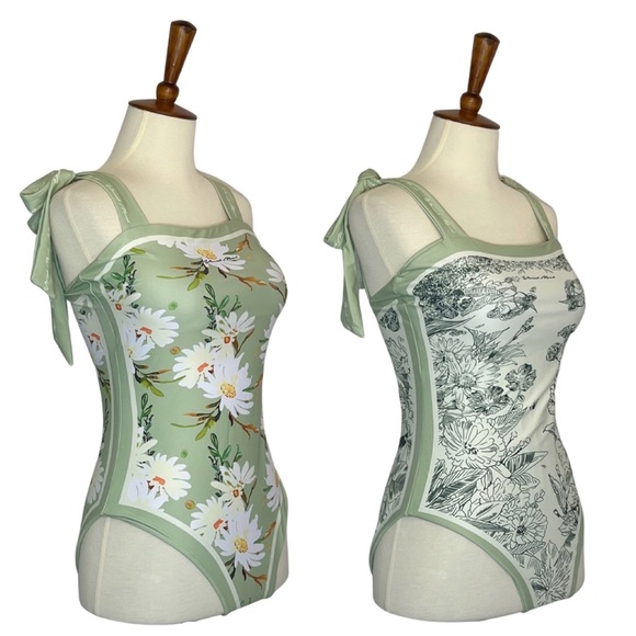 Retro Pale Green and White Floral Reversible Swimsuit with Shoulder Ties - Picture 9 of 16